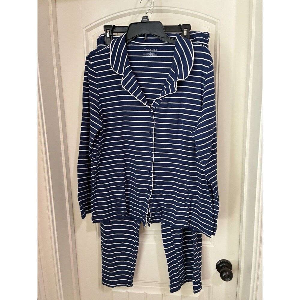 Talbots Cotton Pajama 2-Piece Set Size XL Long Sleeve Navy Blue White Stripes